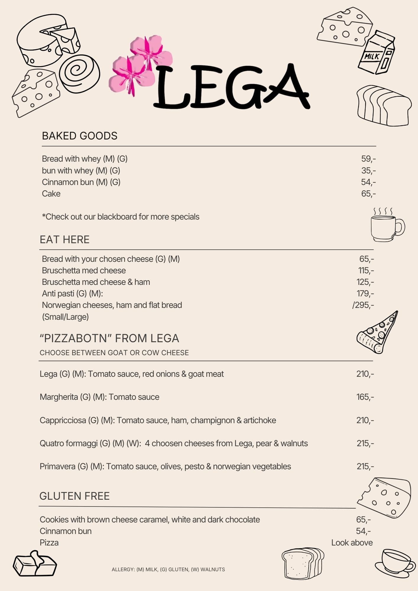Lega meny - vårt utval av ostar, bakst og kaféprodukter