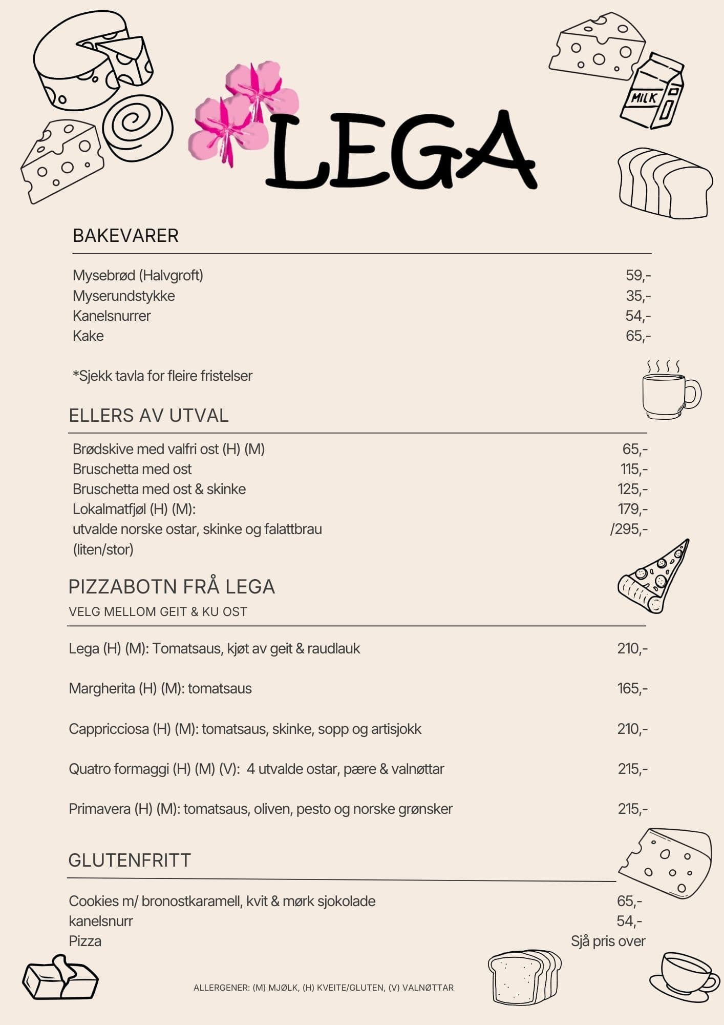 Lega meny - vårt utval av ostar, bakst og kaféprodukter