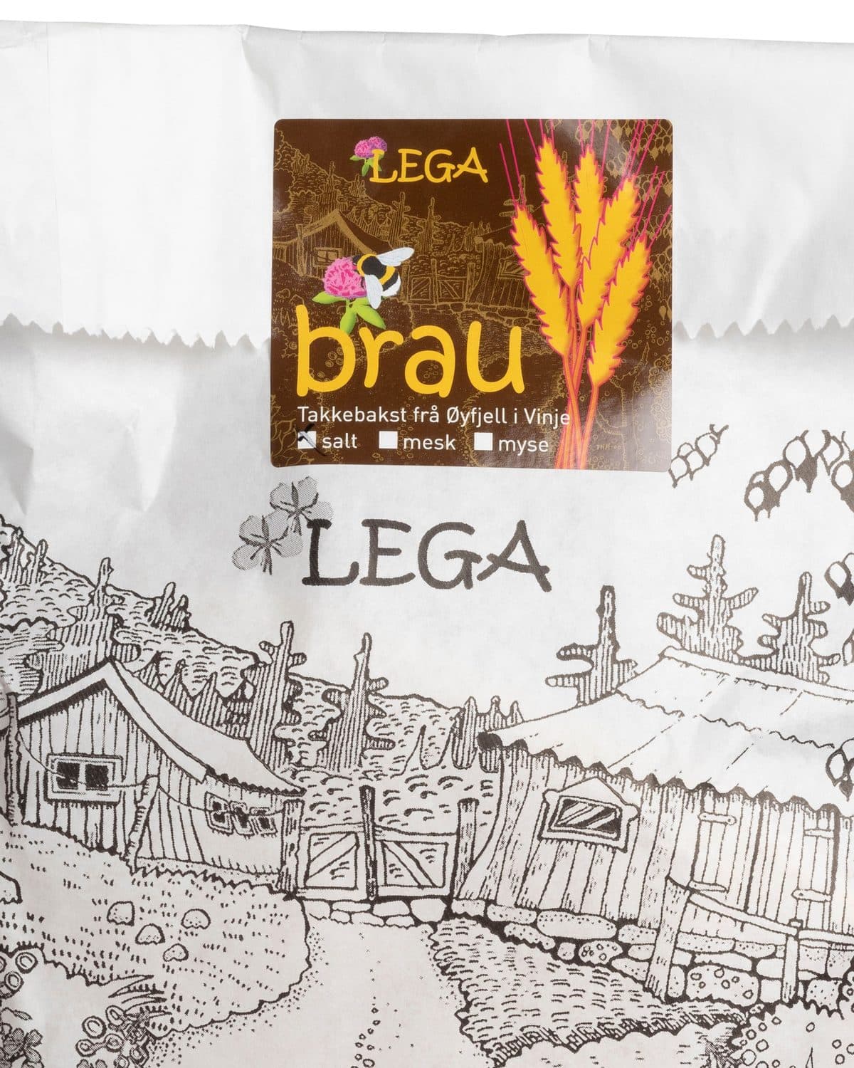 Etiketten på ølbrau-posen, med støylteikninga frå Nedre Lega